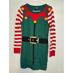 Hooked Up by Y1.O.T Womens Elf Ugly Christmas Sweater Dress Green Red Stripes M